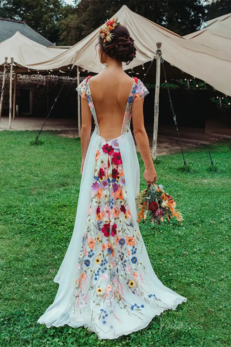 Colorful Floral Boho Wedding Dresses | Backless A-Line Chiffon Gown with Cap Sleeves FW112-wedding dresses 2025 -Viniodress-Floral-Custom Size-