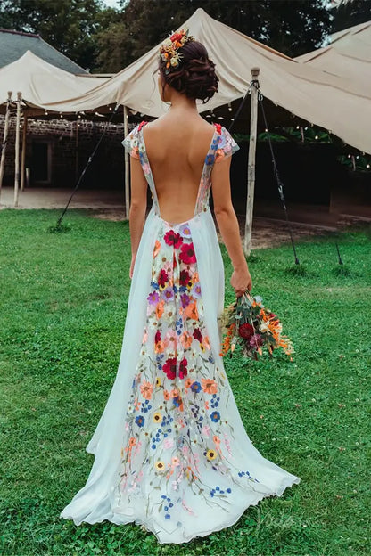 Colorful Floral Boho Wedding Dresses | Backless A-Line Chiffon Gown with Cap Sleeves FW112-wedding dresses 2025 -Viniodress-Floral-Custom Size-