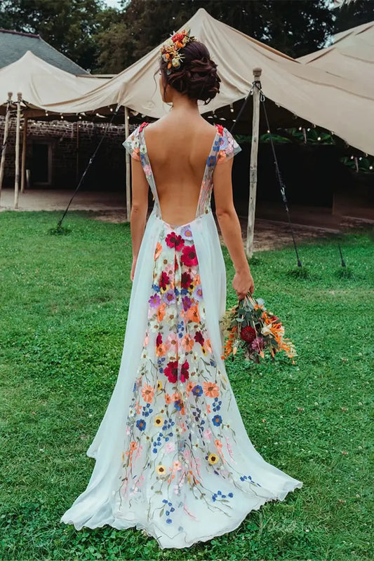 Colorful Floral Boho Wedding Dresses | Backless A-Line Chiffon Gown with Cap Sleeves FW112-wedding dresses 2025 -Viniodress-Floral-Custom Size-