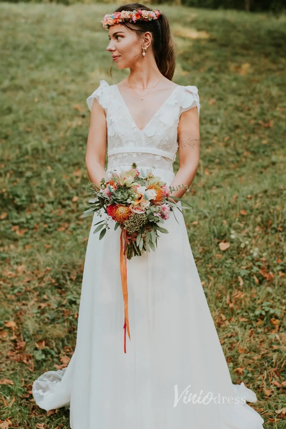 Colorful Floral Boho Wedding Dresses | Backless A-Line Chiffon Gown with Cap Sleeves FW112-wedding dresses 2025 -Viniodress-Floral-Custom Size-