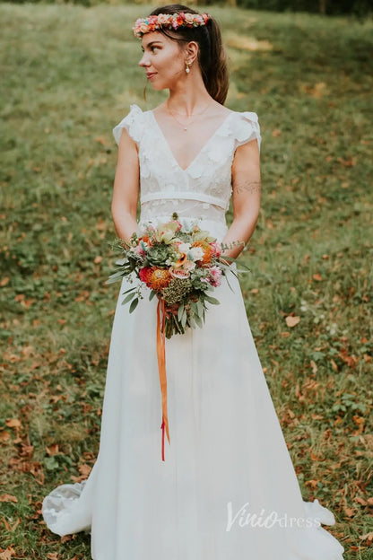 Colorful Floral Boho Wedding Dresses | Backless A-Line Chiffon Gown with Cap Sleeves FW112-wedding dresses 2025 -Viniodress-Floral-Custom Size-