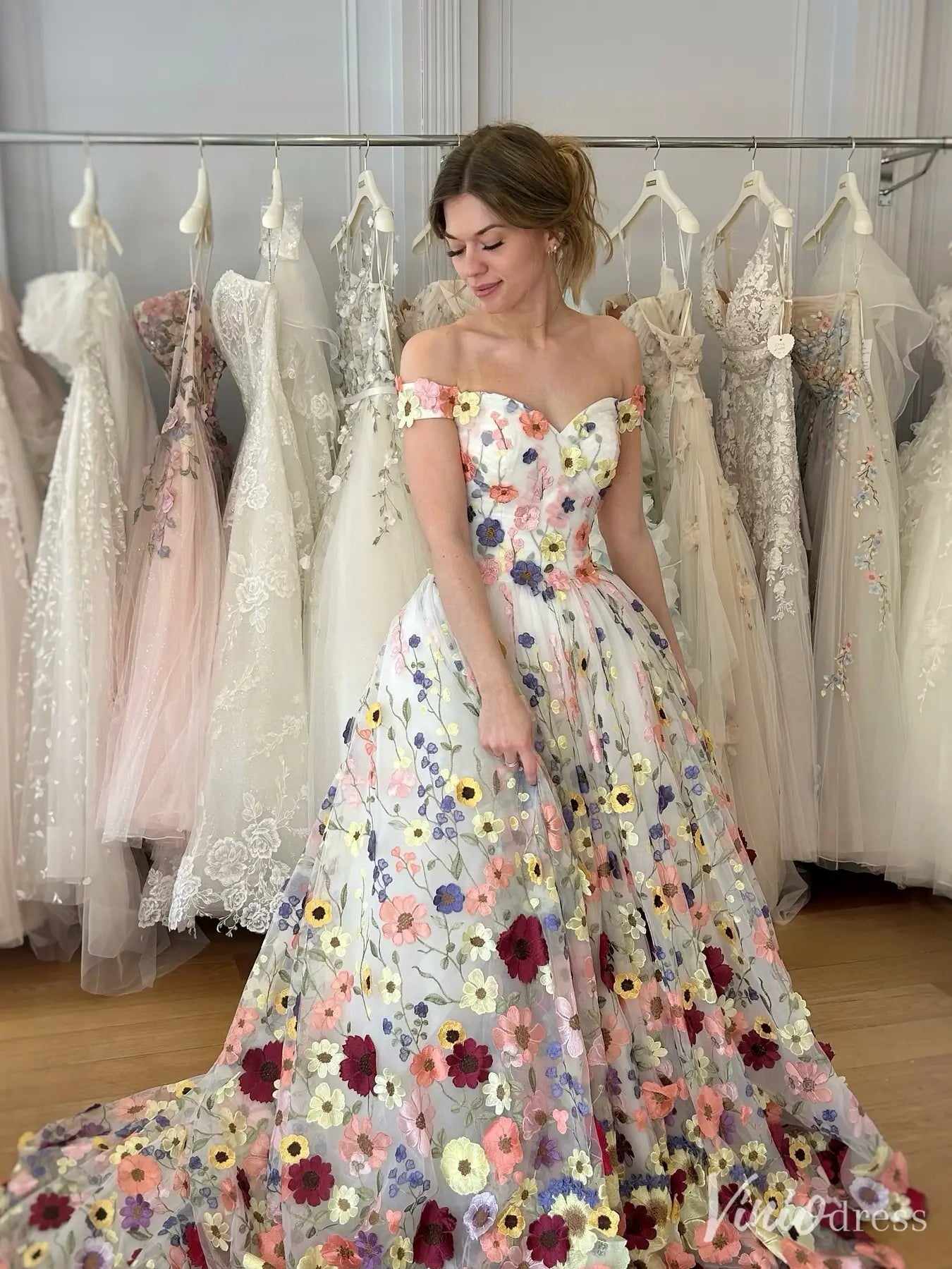Colorful Floral Embroidered Tulle Off-the-Shoulder Ball Gown Wedding Dress with Sweetheart Neckline & Chapel Train – FW205-wedding dresses 2025 -Viniodress-Ivory-Custom Size-