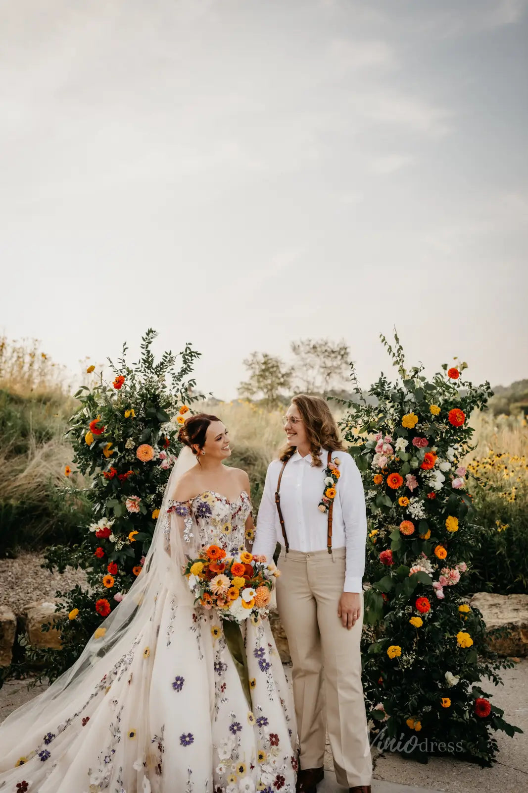 Colorful Floral Fairy Wedding Dress | Spaghetti Strap Ball Gown with Veil FW104-wedding dresses 2025 -Viniodress-Ivory-Dress Only-Custom Size