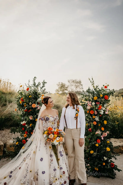 Colorful Floral Fairy Wedding Dress | Spaghetti Strap Ball Gown with Veil FW104-wedding dresses 2025 -Viniodress-Ivory-Dress Only-Custom Size