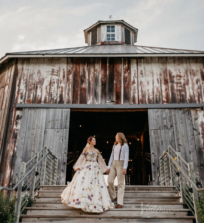 Colorful Floral Fairy Wedding Dress | Spaghetti Strap Ball Gown with Veil FW104-wedding dresses 2025 -Viniodress-Ivory-Dress Only-Custom Size