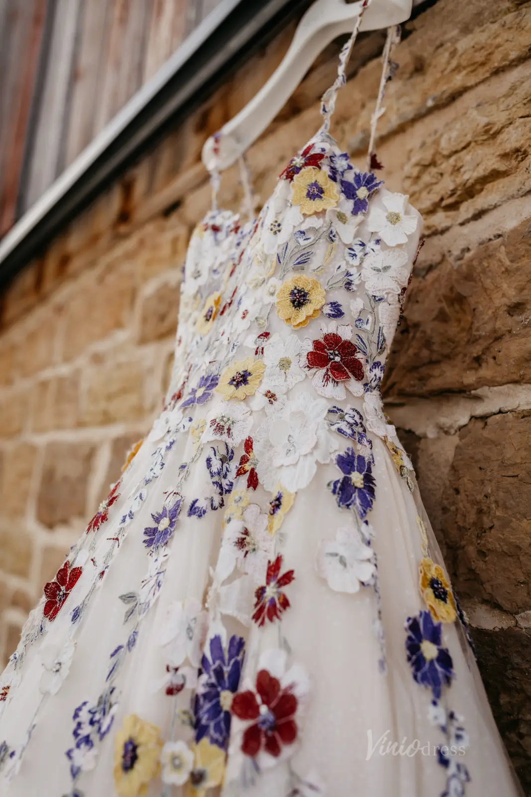 Colorful Floral Fairy Wedding Dress | Spaghetti Strap Ball Gown with V Viniodress Colorful Floral Fairy Wedding Dress | Spaghetti Strap Ball Gown with V Viniodress