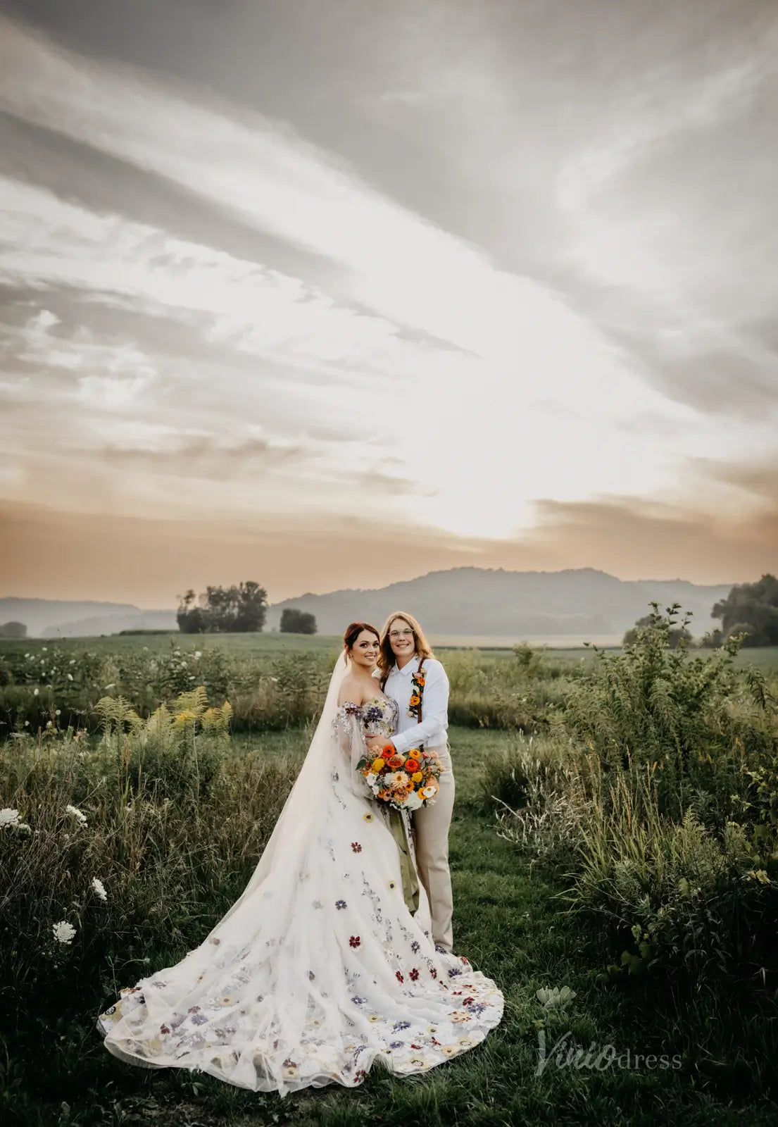 Colorful Floral Fairy Wedding Dress | Spaghetti Strap Ball Gown with V Viniodress Colorful Floral Fairy Wedding Dress | Spaghetti Strap Ball Gown with V Viniodress