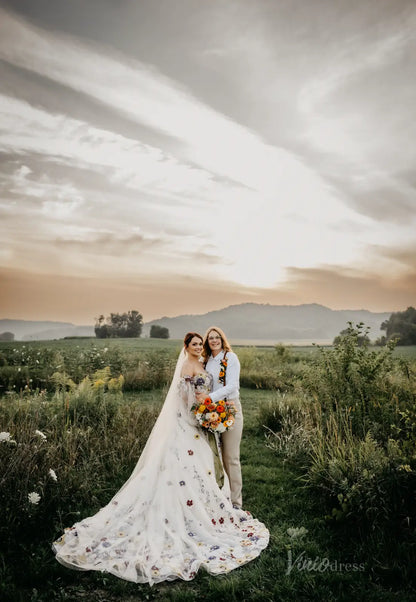 Colorful Floral Fairy Wedding Dress | Spaghetti Strap Ball Gown with Veil FW104-wedding dresses 2025 -Viniodress-Ivory-Dress Only-Custom Size