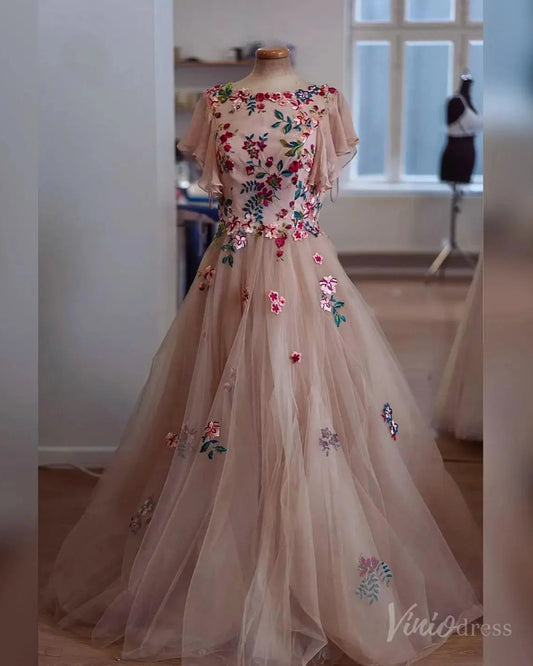 Colorful Floral Wedding Dress | A-Line Tulle Gown with Ruffled Chiffon Sleeves FW145-wedding dresses 2025 -Viniodress-Floral-Custom Size-