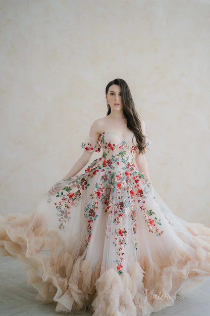 Colorful Floral Wedding Dress | Strapless Sweetheart Gown with Ruffled Tulle Skirt & Detachable Sleeves FW140-wedding dresses 2025 -Viniodress-Champagne-Custom Size-