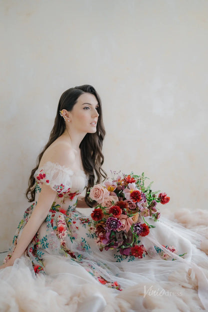 Colorful Floral Wedding Dress | Strapless Sweetheart Gown with Ruffled Tulle Skirt & Detachable Sleeves FW140-wedding dresses 2025 -Viniodress-Champagne-Custom Size-