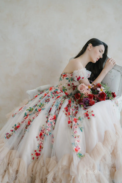 Colorful Floral Wedding Dress | Strapless Sweetheart Gown with Ruffled Tulle Skirt & Detachable Sleeves FW140-wedding dresses 2025 -Viniodress-Champagne-Custom Size-