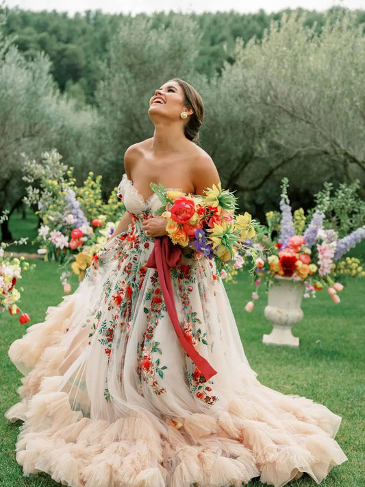 Colorful Floral Wedding Dress | Strapless Sweetheart Gown with Ruffled Tulle Skirt & Detachable Sleeves FW140-wedding dresses 2025 -Viniodress-Champagne-Custom Size-
