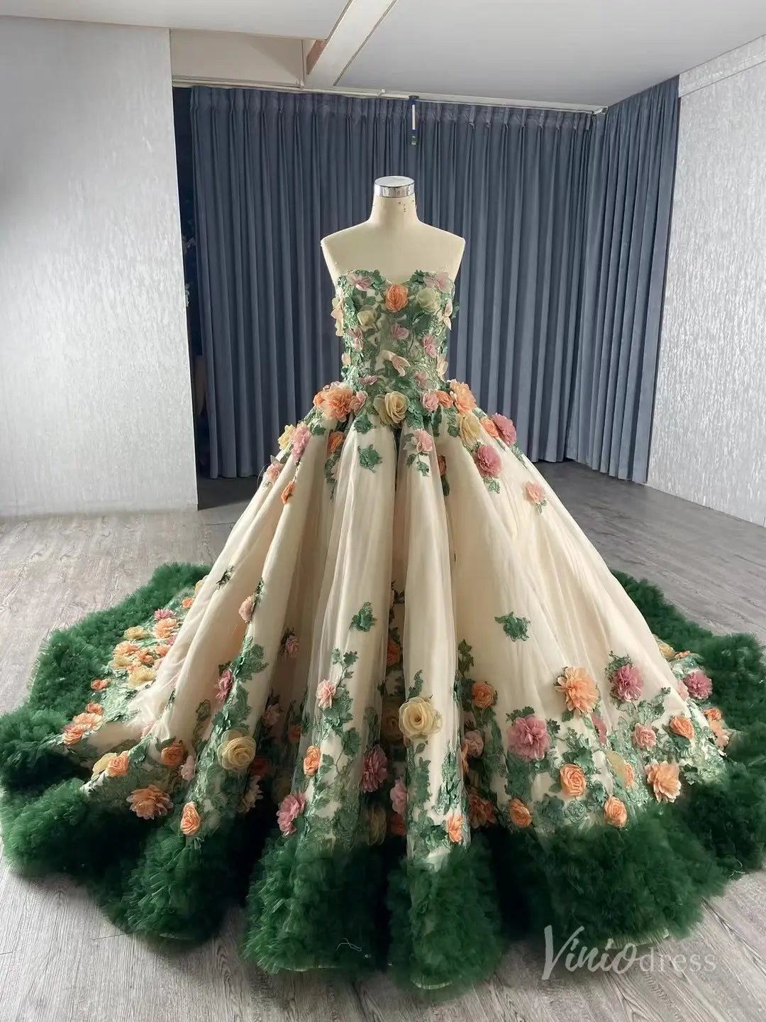 Colorful Meadow Wedding Dress | Green Gala Gown with Corset Back 241067-Quinceanera Dresses 2025 -Viniodress-Green-Custom Size-