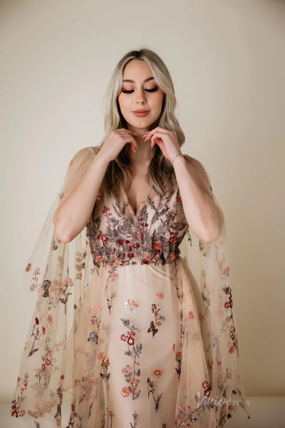 Colorful Meadow Wedding Photoshoot Dress | Backless Wildflower Sheath Gown with Cape & V-Neck FW138-wedding dresses 2025 -Viniodress-Champagne-Custom Size-