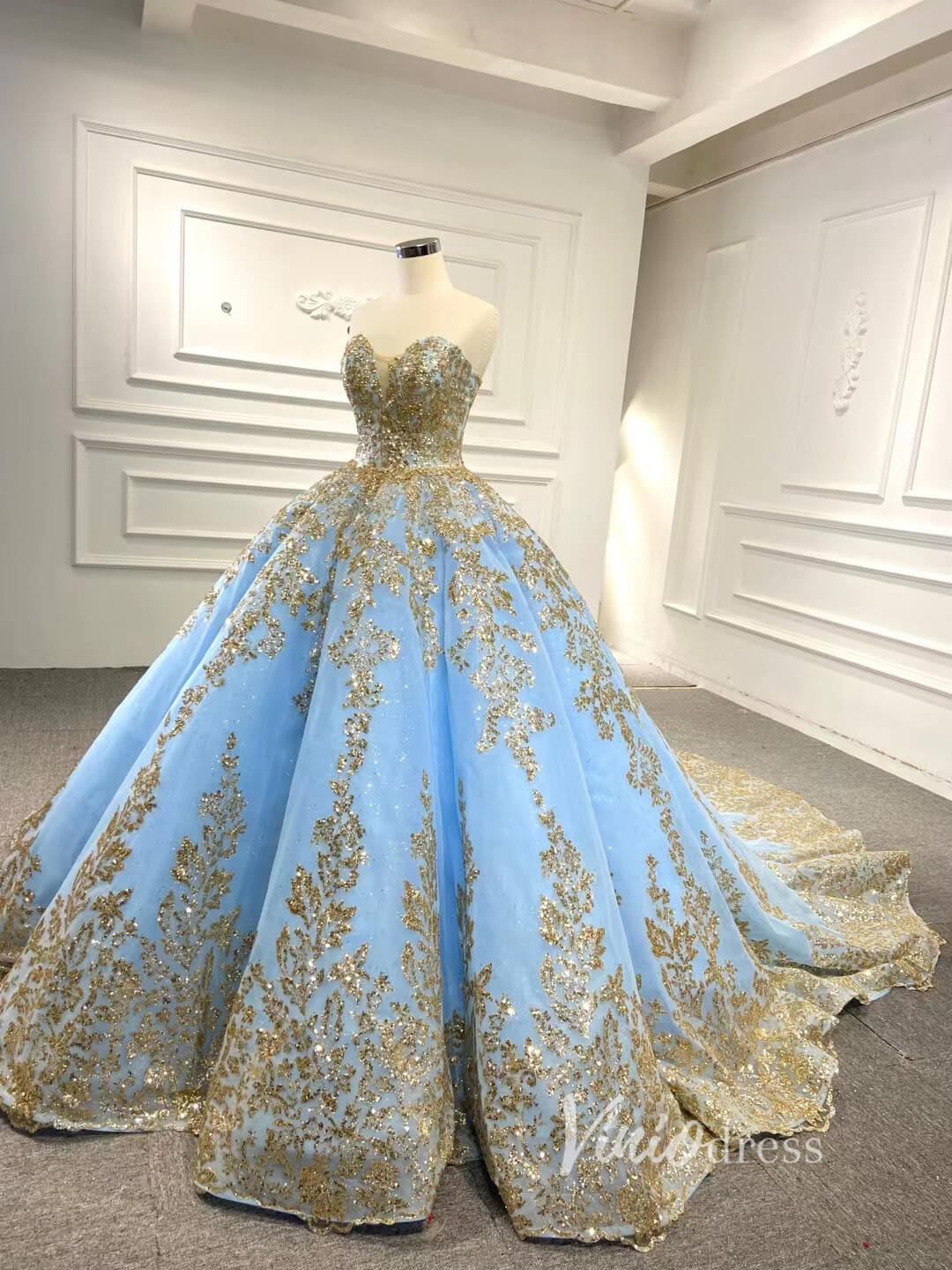 Convertible Blue Ball Gown Wedding Dress Removable Train Quinceanera Dresses 66949-wedding dresses 2025 -Viniodress-Blue-Custom Size-