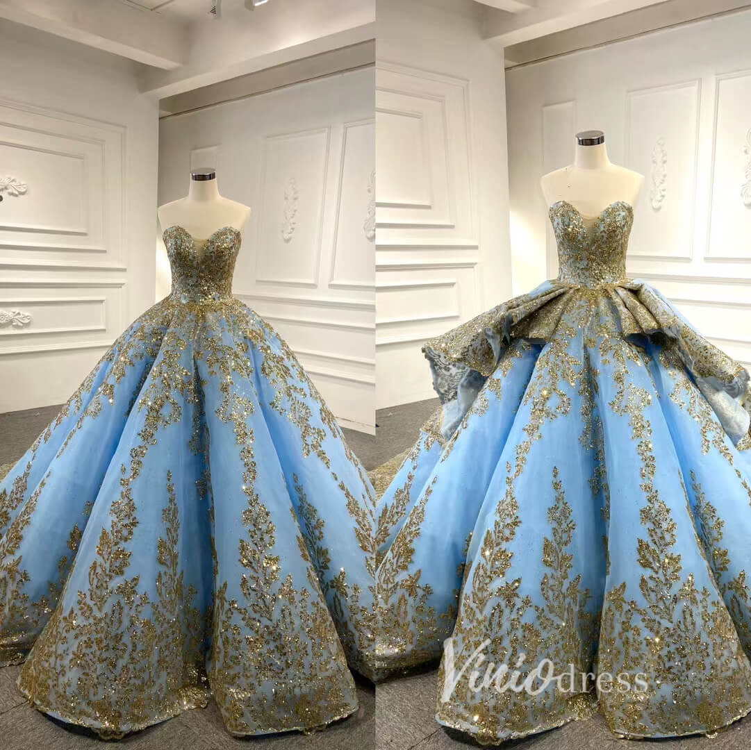 Convertible Blue Ball Gown Wedding Dress Removable Train Quinceanera Dresses 66949-wedding dresses 2025 -Viniodress-Blue-Custom Size-