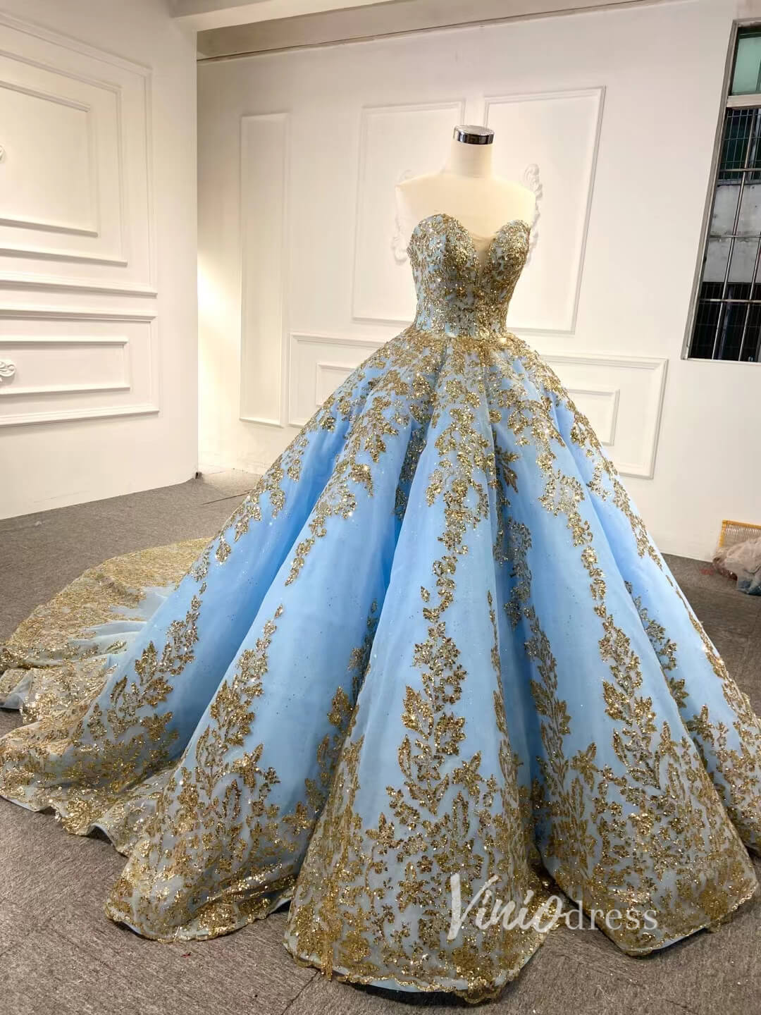 Convertible Blue Ball Gown Wedding Dress Removable Train Quinceanera Dresses 66949-wedding dresses-Viniodress-Viniodress
