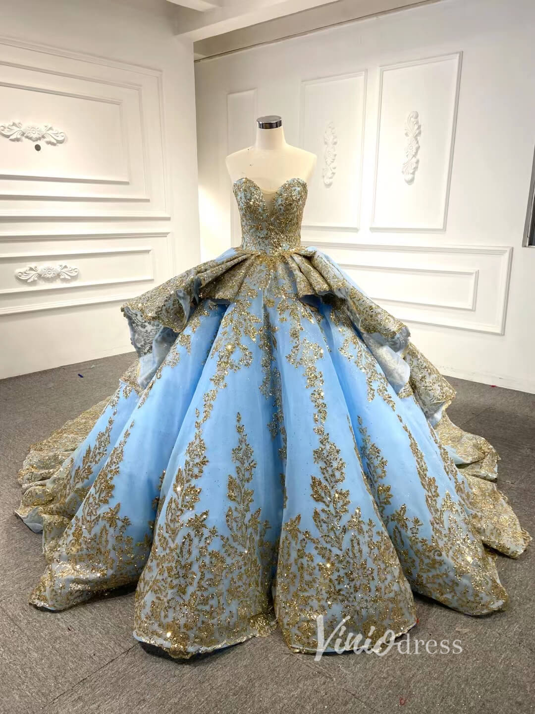 Convertible Blue Ball Gown Wedding Dress Removable Train Quinceanera Dresses 66949-wedding dresses-Viniodress-Blue-Custom Size-Viniodress