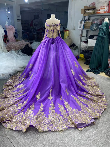 Convertible Gold Purple Wedding Dress | Off-the-Shoulder Ball Gown with Detachable Overskirt 66949-Quinceanera Dresses 2026-Viniodress-Purple-Custom Size-