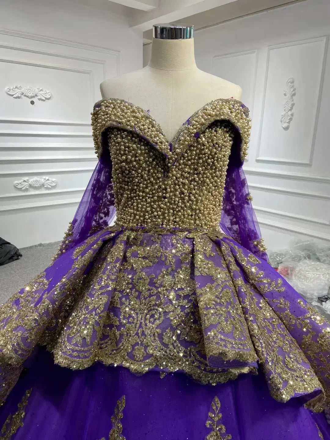 Convertible Gold Purple Wedding Dress | Off-the-Shoulder Ball Gown with Detachable Overskirt 66949-Quinceanera Dresses 2026-Viniodress-Purple-Custom Size-