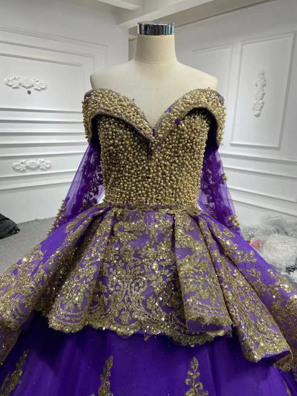 Convertible Gold Purple Wedding Dress | Off-the-Shoulder Ball Gown with Detachable Overskirt 66949-Quinceanera Dresses 2026-Viniodress-Purple-Custom Size-