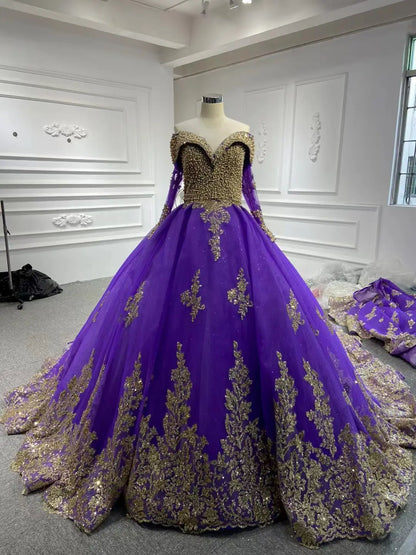 Convertible Gold Purple Wedding Dress | Off-the-Shoulder Ball Gown with Detachable Overskirt 66949-Quinceanera Dresses 2026-Viniodress-Purple-Custom Size-