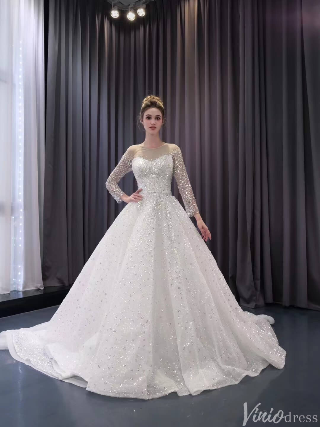 Convertible Two Piece Balll Gown Wedding Dresses with Long Sleeves 241079-wedding dresses 2025 -Viniodress-Ivory-Custom Size-