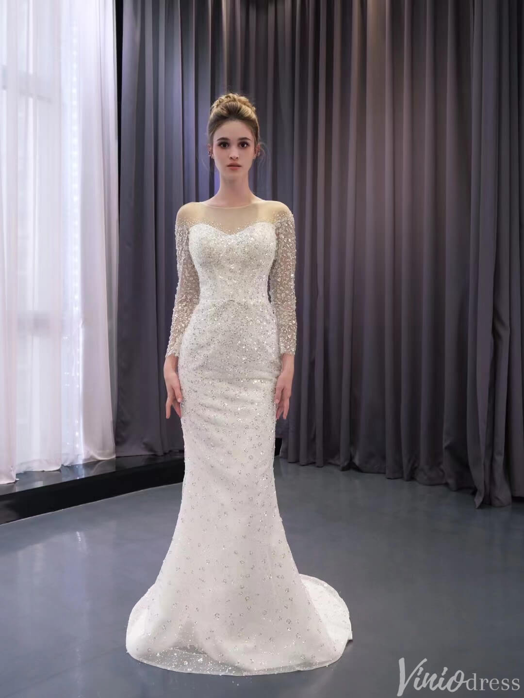 Convertible Two Piece Balll Gown Wedding Dresses with Long Sleeves 241079-wedding dresses 2025 -Viniodress-Ivory-Custom Size-