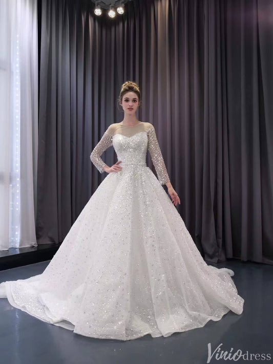 Convertible Two Piece Balll Gown Wedding Dresses with Long Sleeves 241079-wedding dresses 2025 -Viniodress-Ivory-Custom Size-