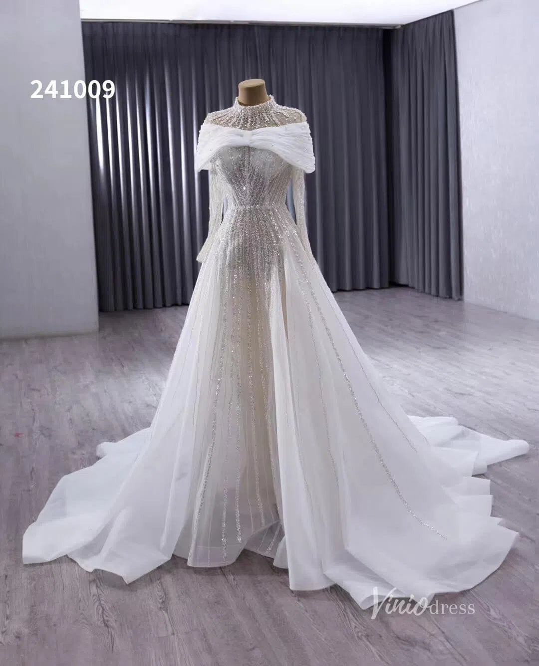 Convertible Wedding Dress with Removable Modest High Neck Bolero 241009-wedding dresses 2025 -Viniodress-Ivory-Custom Size-