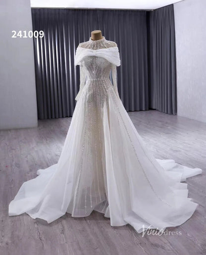 Convertible Wedding Dress with Removable Modest High Neck Bolero 241009-wedding dresses 2025 -Viniodress-Ivory-Custom Size-