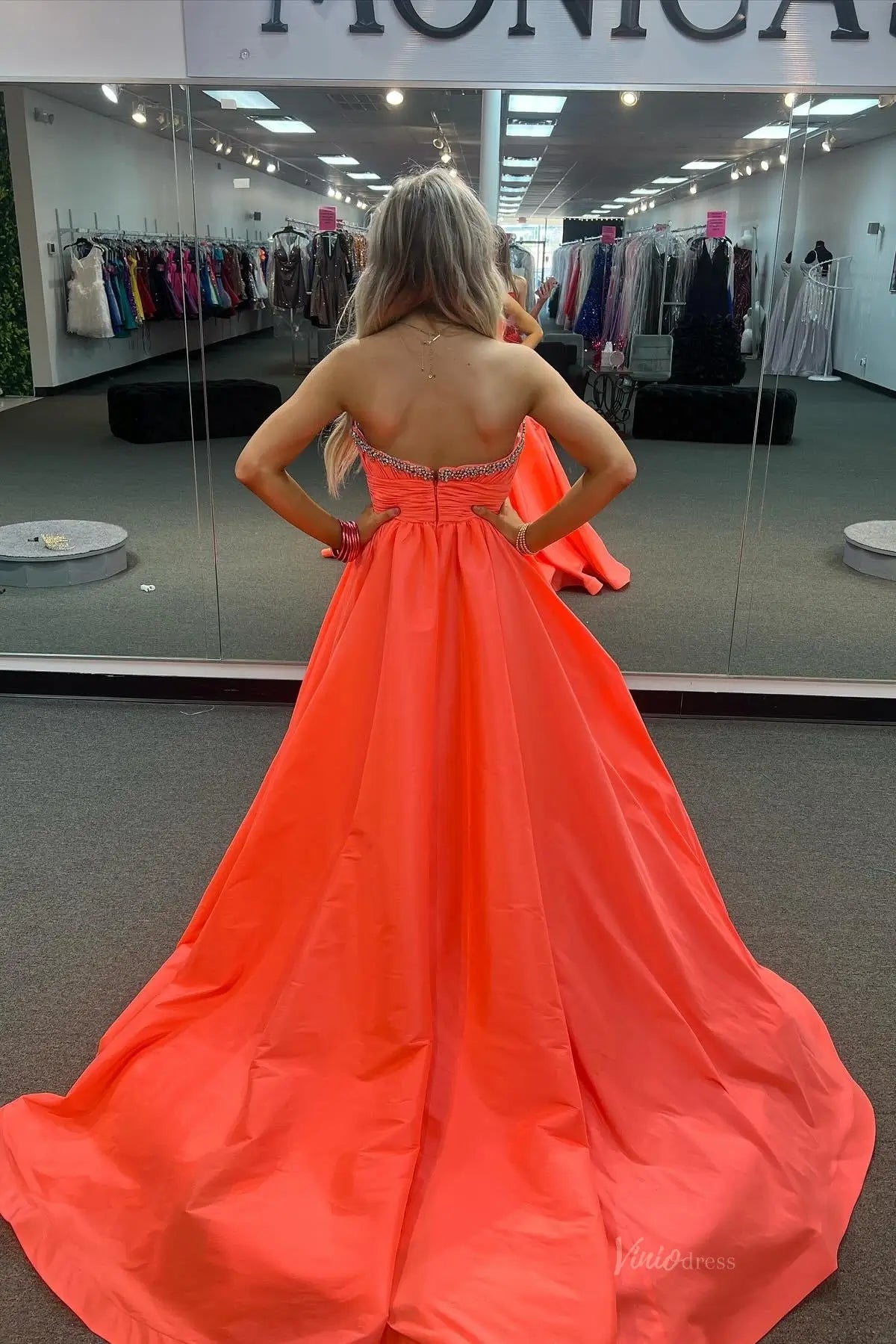 strapless open back dress Coral Beaded Plunging V Prom Dress with High Slit – AS101 – Viniodress