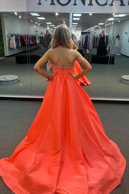Coral Beaded Plunging V Prom Dress with High Slit  AS101  Viniodress