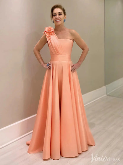 Coral One-Shoulder Satin Formal Dress with Floral Shoulder Elegant Prom Gowns | IS007-prom dresses 2025 -Viniodress-Coral-Custom Size-