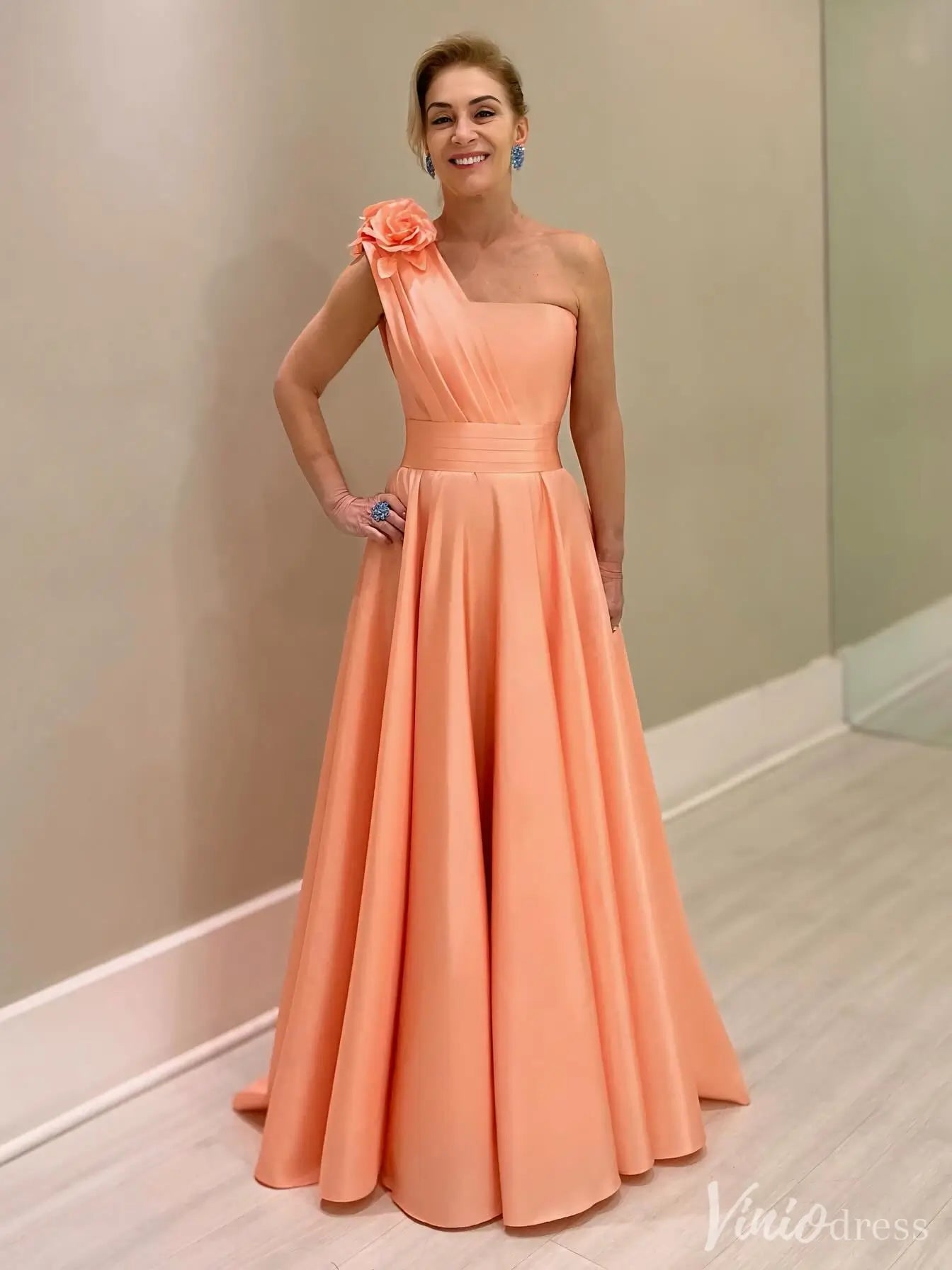 Coral One-Shoulder Satin Formal Dress with Floral Shoulder Elegant Prom Gowns | IS007-prom dresses 2025 -Viniodress-Coral-Custom Size-