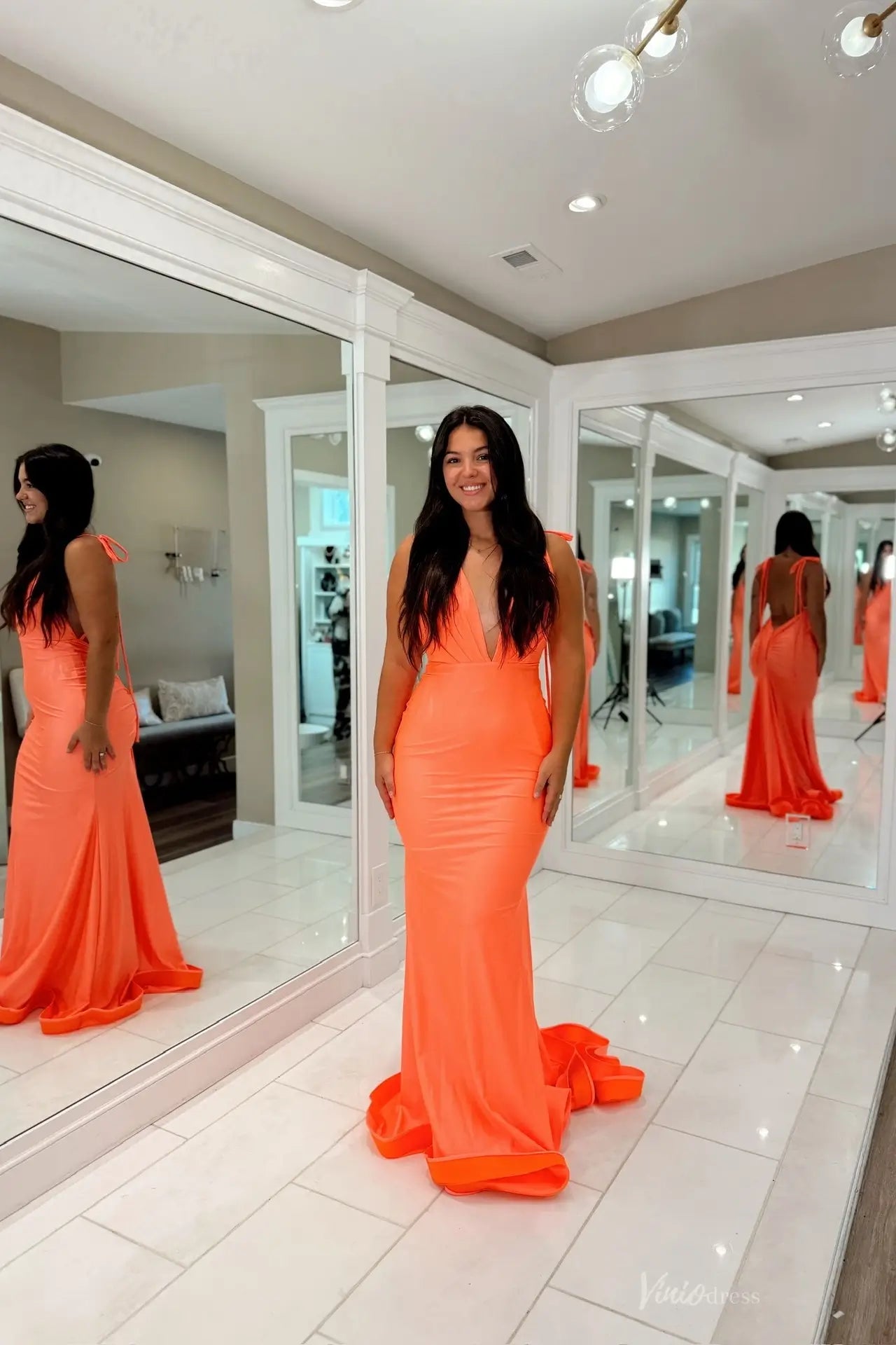 Coral Orange Deep V Backless Mermaid Prom Dress  SS281  Viniodress