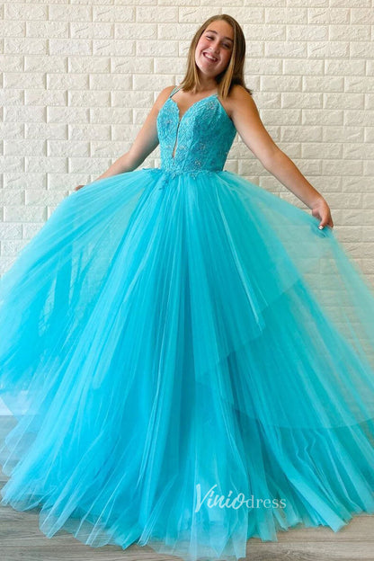 Coral Orange Lace Applique Prom Dresses Spaghetti Strap Evening Dress FD3070-prom dresses 2025 -Viniodress-Aqua-Custom Size-