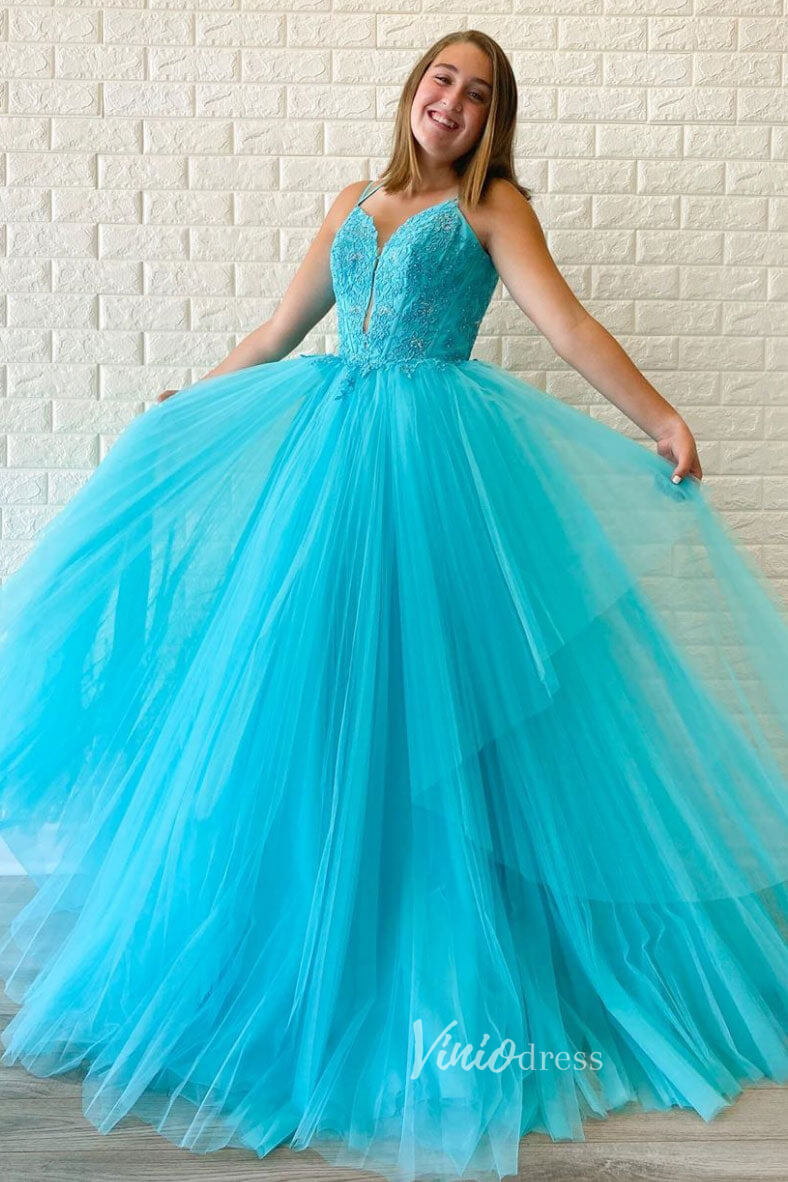 Prom Dress 2025 Coral Orange Lace Applique Prom Dresses Spaghetti Strap Evening Dress FD3070-unique prom dresses-Aqua-Custom Size-Viniodress