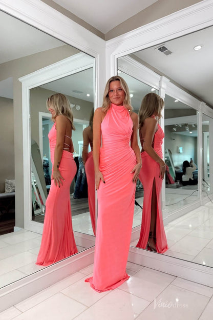 Coral Pink Satin Mermaid Prom Dress with Halter Neck, Ruched Bodice & High Slit – SS141-prom dresses 2026-Viniodress-Pink-Custom Size-