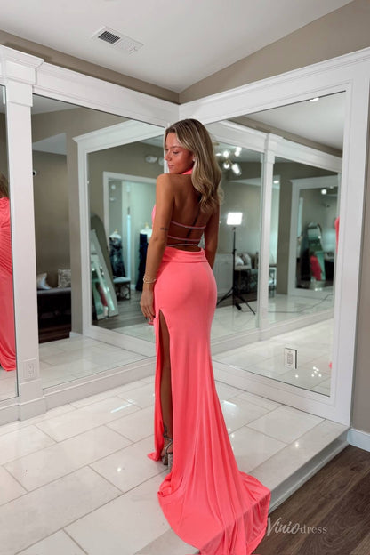 Coral Pink Satin Mermaid Prom Dress with Halter Neck, Ruched Bodice & High Slit – SS141-prom dresses 2026-Viniodress-Pink-Custom Size-