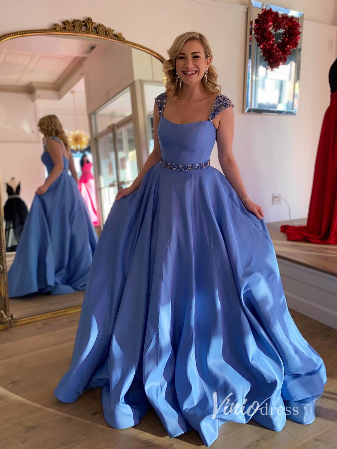 Cornflower Blue Prom Dresses Cap Sleeve Evening Dress FD3029-prom dresses 2025 -Viniodress-Blue-Custom Size-