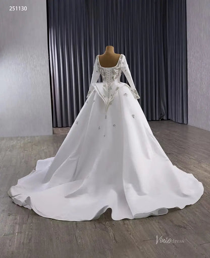 Couture Beaded Wedding Dress with Satin Overskirt | Square Neck Sheath Gown with Long Sleeves 251130-wedding dresses 2025 -Viniodress-Ivory-Custom Size-