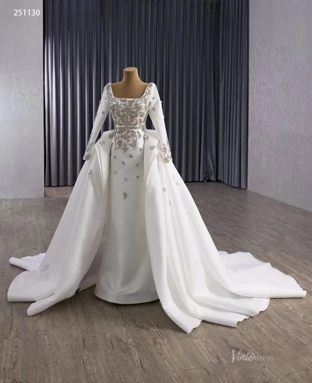 Couture Beaded Wedding Dress with Satin Overskirt | Square Neck Sheath Gown with Long Sleeves 251130-wedding dresses 2025 -Viniodress-Ivory-Custom Size-