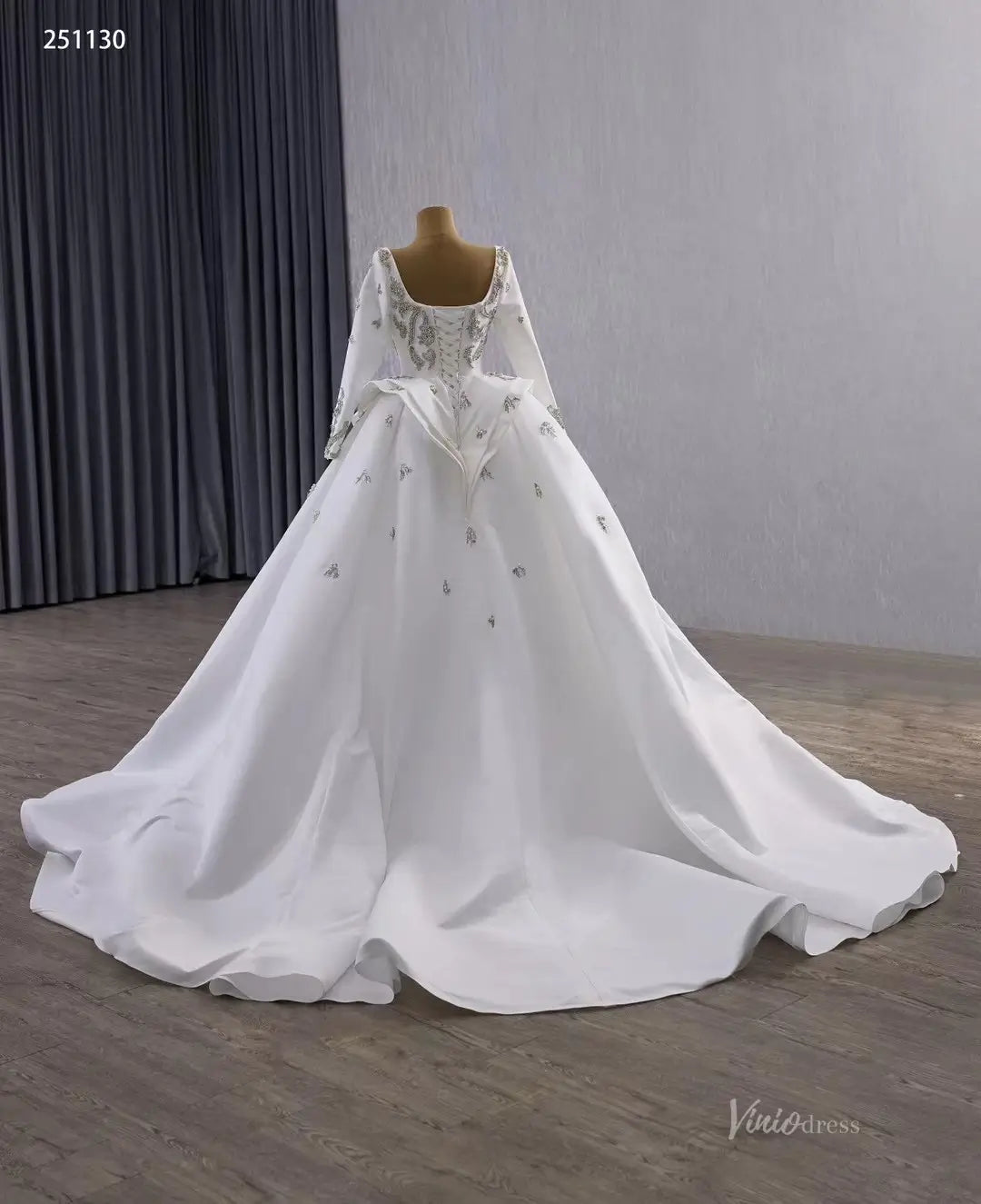 Couture Beaded Wedding Dress with Satin Overskirt | Square Neck Sheath Gown with Long Sleeves 251130-wedding dresses 2025 -Viniodress-Ivory-Custom Size-