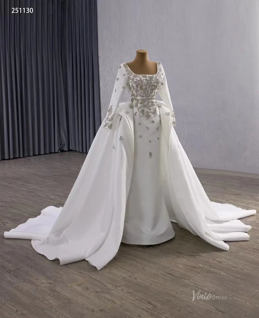 Couture Beaded Wedding Dress with Satin Overskirt | Square Neck Sheath Gown with Long Sleeves 251130-wedding dresses 2025 -Viniodress-Ivory-Custom Size-
