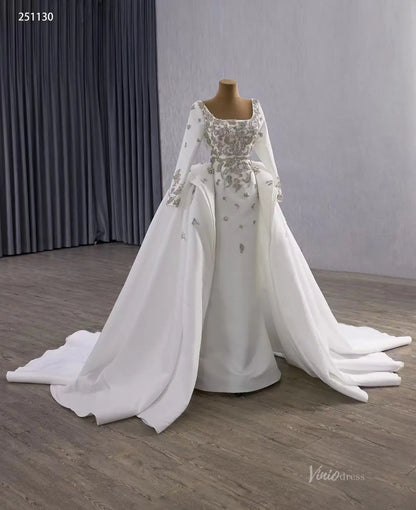 Couture Beaded Wedding Dress with Satin Overskirt | Square Neck Sheath Gown with Long Sleeves 251130-wedding dresses 2025 -Viniodress-Ivory-Custom Size-