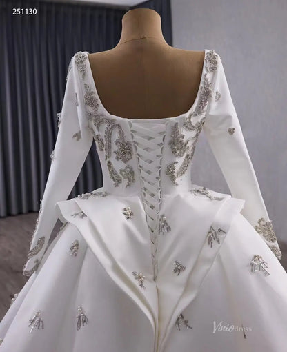 Couture Beaded Wedding Dress with Satin Overskirt | Square Neck Sheath Gown with Long Sleeves 251130-wedding dresses 2025 -Viniodress-Ivory-Custom Size-