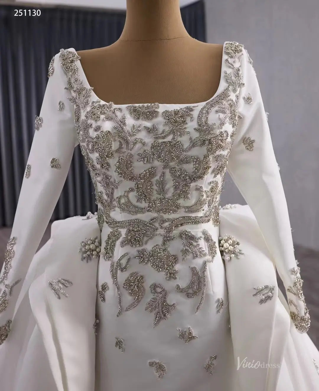 Couture Beaded Wedding Dress with Satin Overskirt | Square Neck Sheath Gown with Long Sleeves 251130-wedding dresses 2025 -Viniodress-Ivory-Custom Size-
