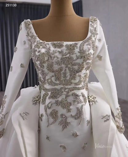 Couture Beaded Wedding Dress with Satin Overskirt | Square Neck Sheath Gown with Long Sleeves 251130-wedding dresses 2025 -Viniodress-Ivory-Custom Size-